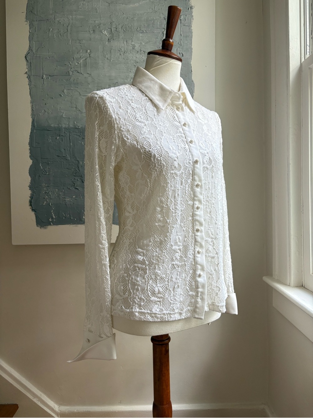 ANNE FONTAINE US 8 IT 44 Margie Cream Polyamide Blend Lace Button Up Blouse